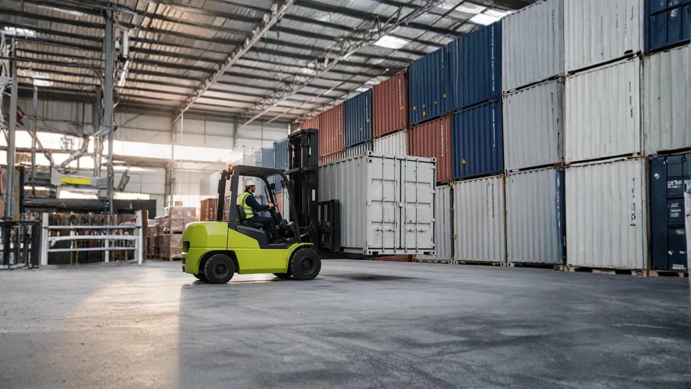 Warehouse team consolidating cargo into a shipping container
