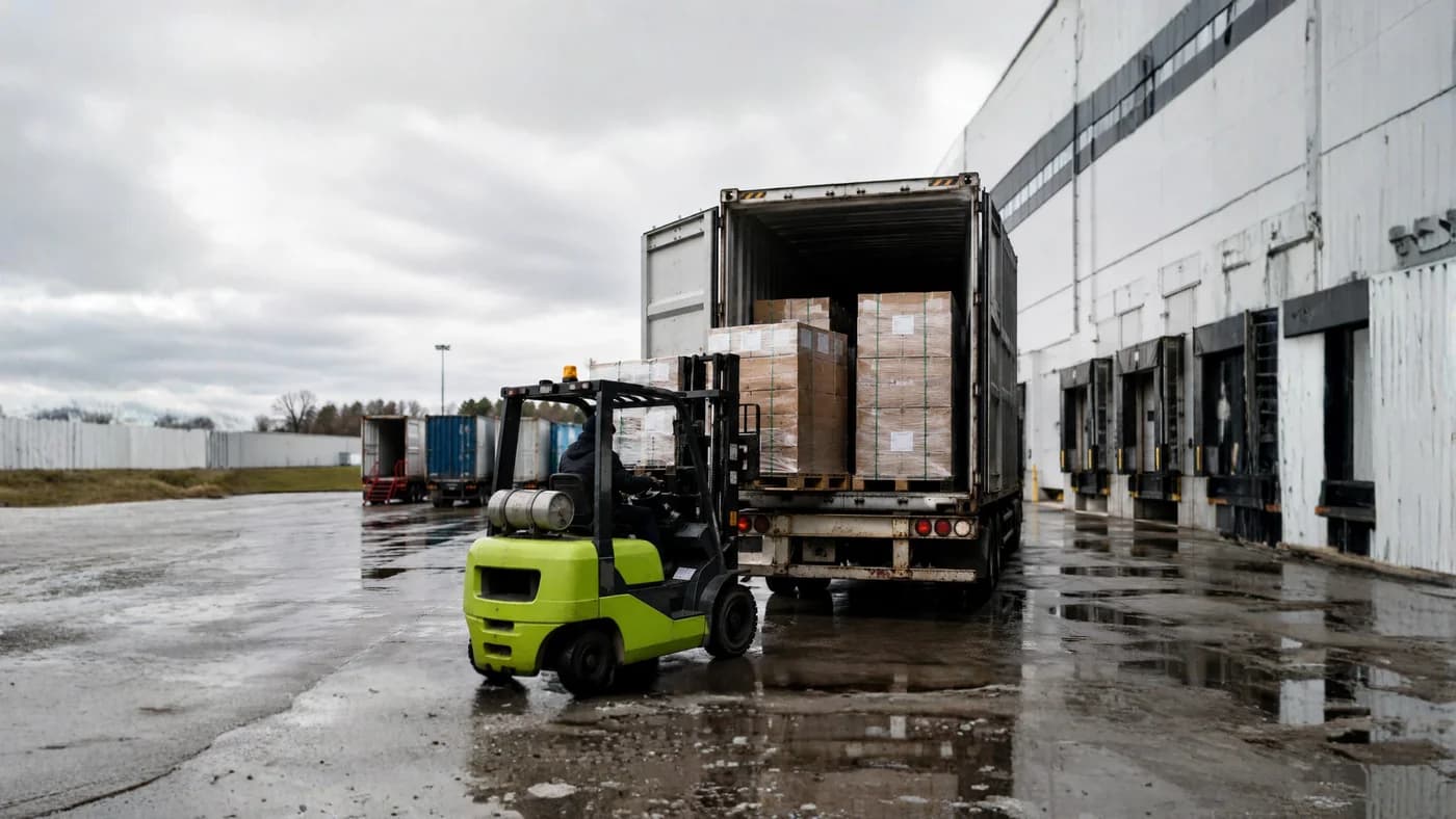 Forklift loading a shared shipping container