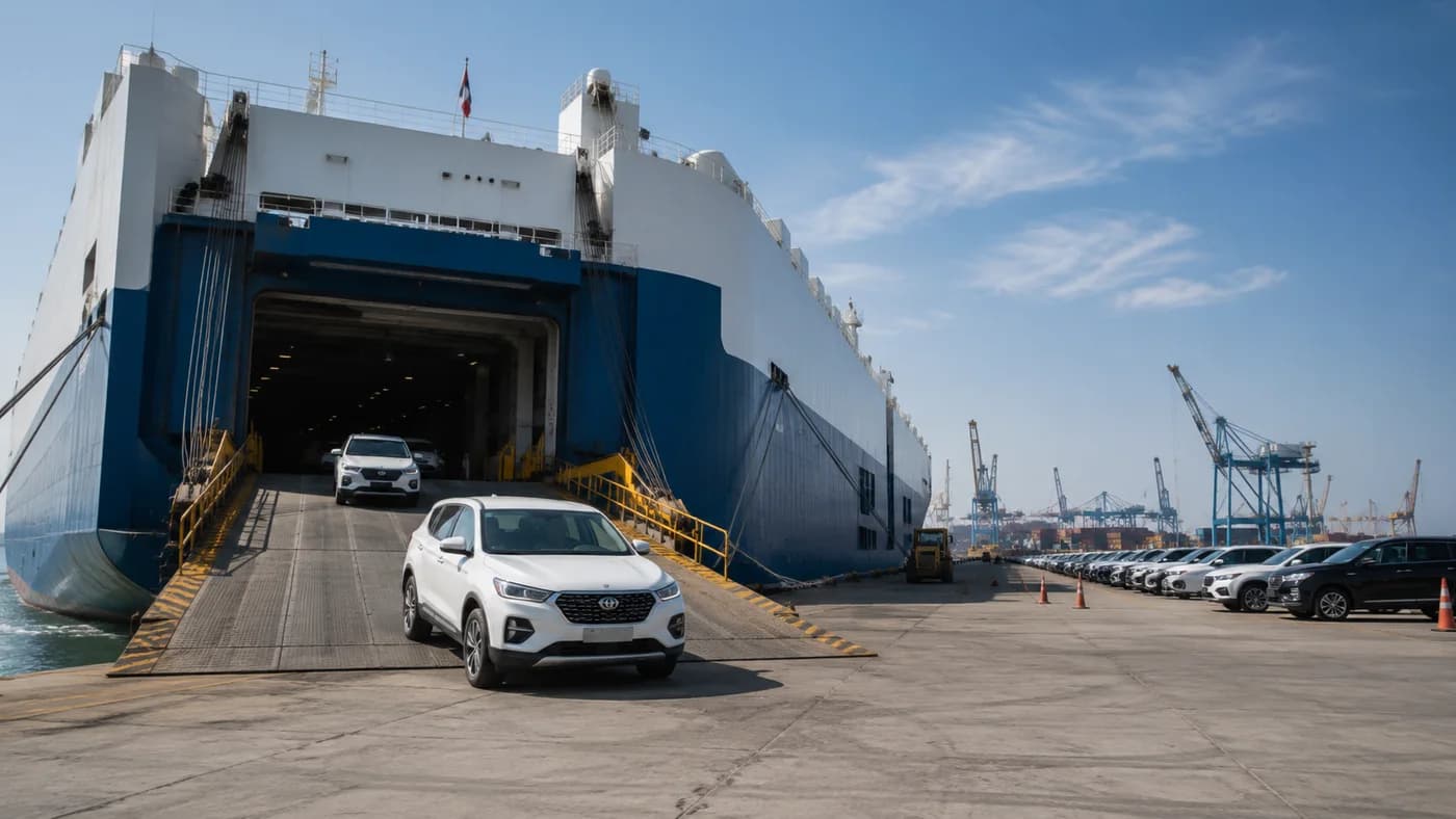 Vehicle driving onto a Roll-on/Roll-off vessel